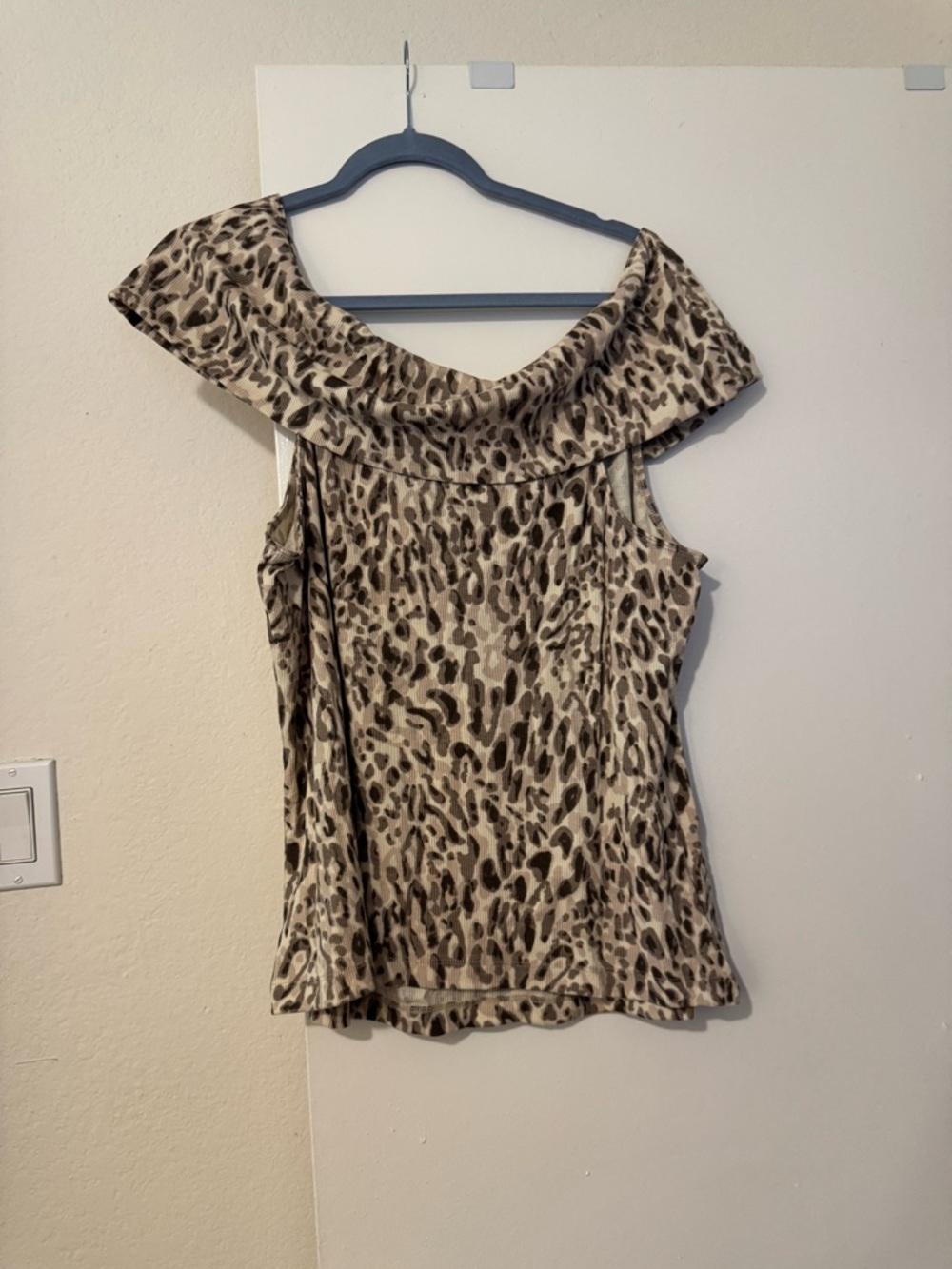 Pilcro Beige and Brown Leopard Ruffle-Off-Shoulder Camisole